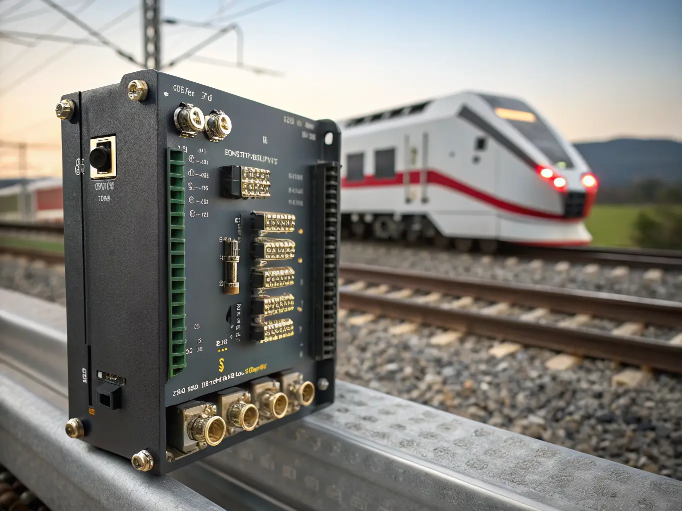 A high-resolution image of a PCB used in railway signaling systems, emphasizing its durability and resistance to environmental factors, with a blurred background of a high-speed train.