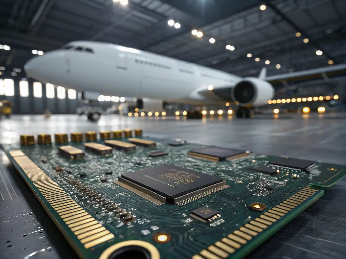 A detailed image of a complex PCB designed for aeronautics, showcasing intricate circuitry and high-reliability components, set against a backdrop of a modern aircraft assembly line.